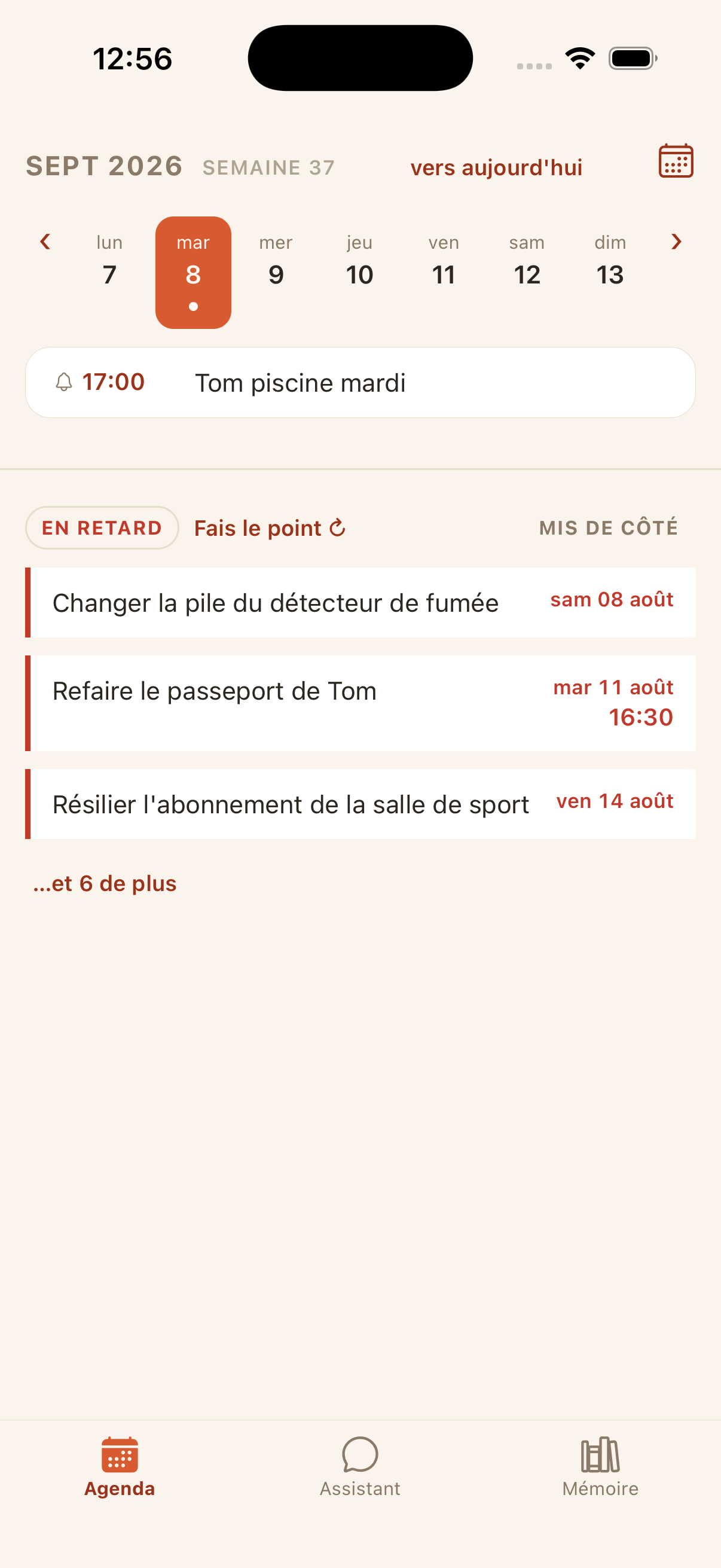L'agenda de la semaine et la liste des retards.