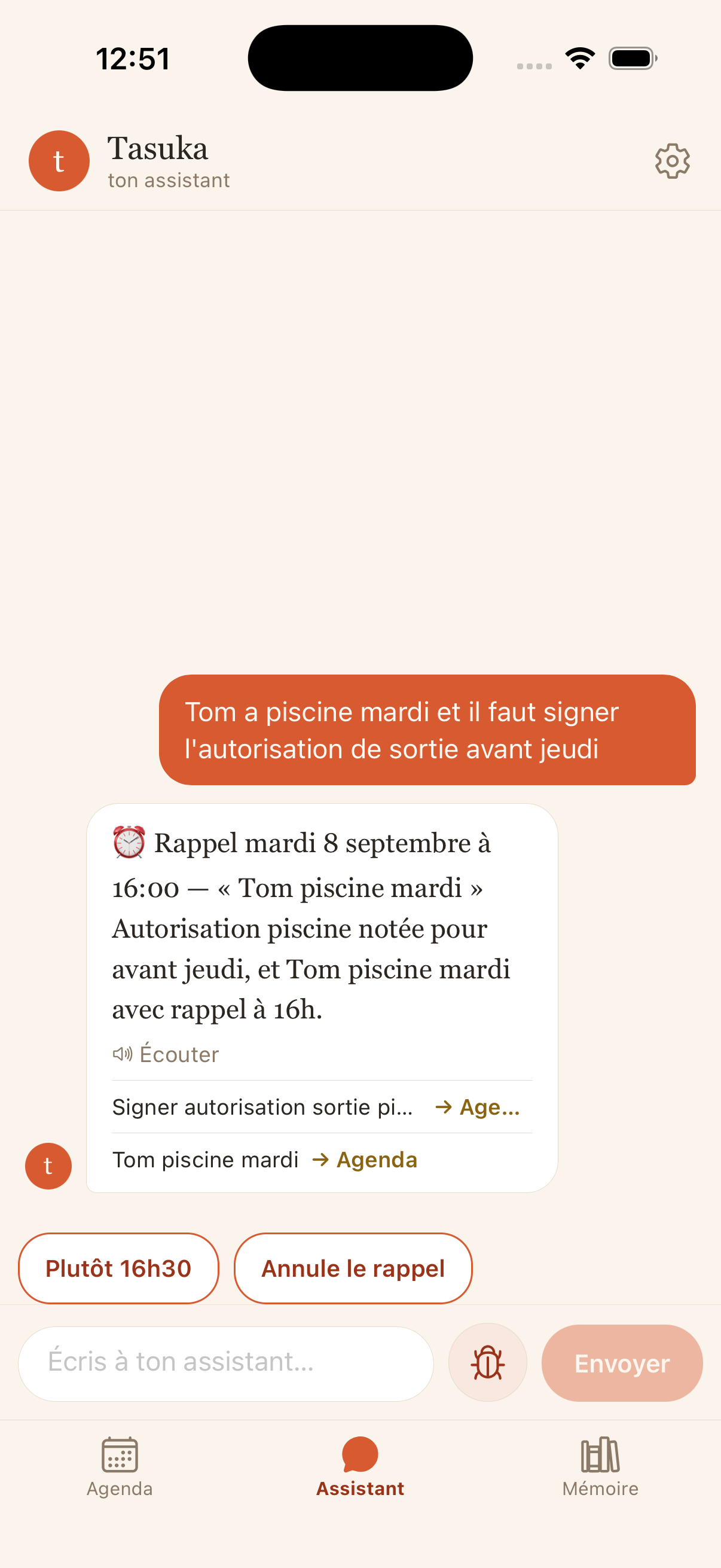 Une capture dictée et la réponse de Tasuka.