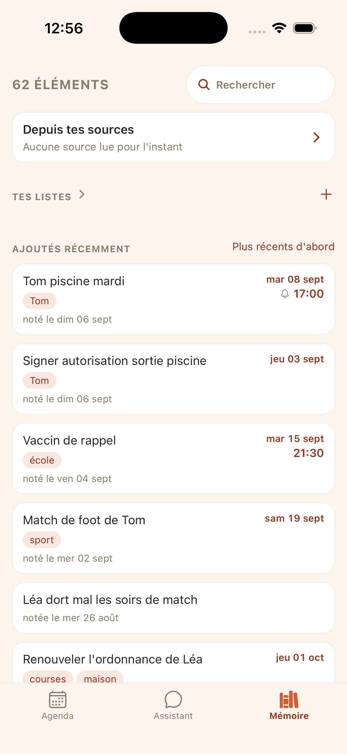 La mémoire : entrées récentes et étiquettes.
